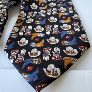 Etienne Aigner Mens Silk Necktie Western Cowboy Boots Hats Gloves Black Novelty